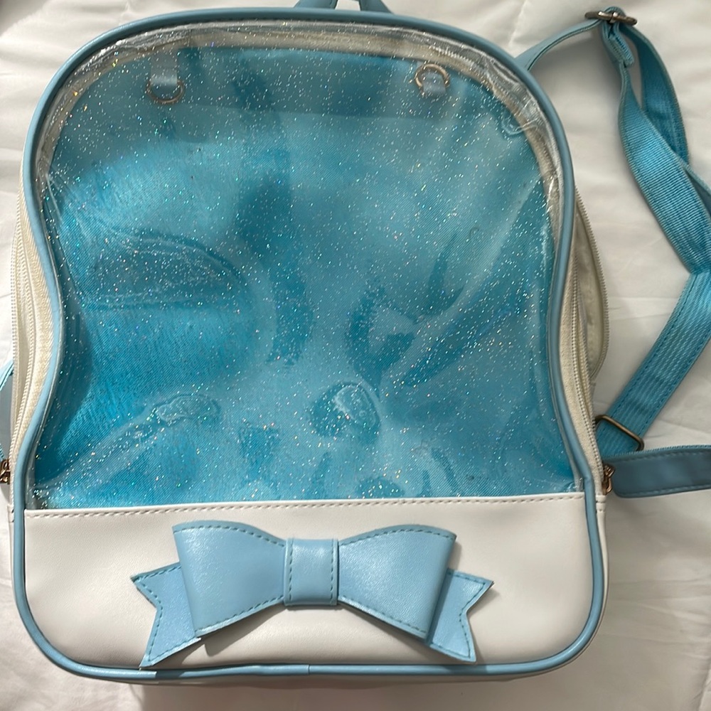 blue and white ita bag con bag convention cosplay concert backpack